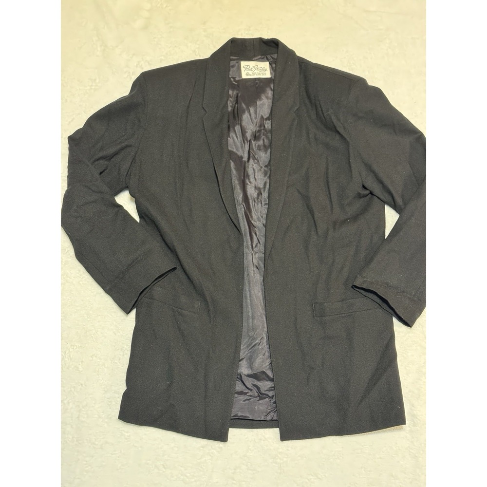 Paul Stanley Wool‎ Blazer Women's 6 Black Longline Open Front Padded Shoulder